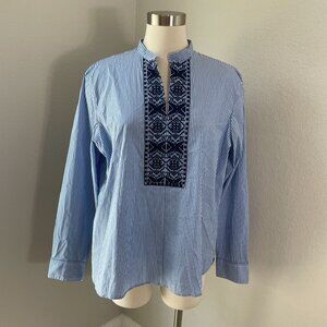 Chaps Womens XL Blue Stripe Long Sleeve Tunic Top With Embroidered Front Shirt